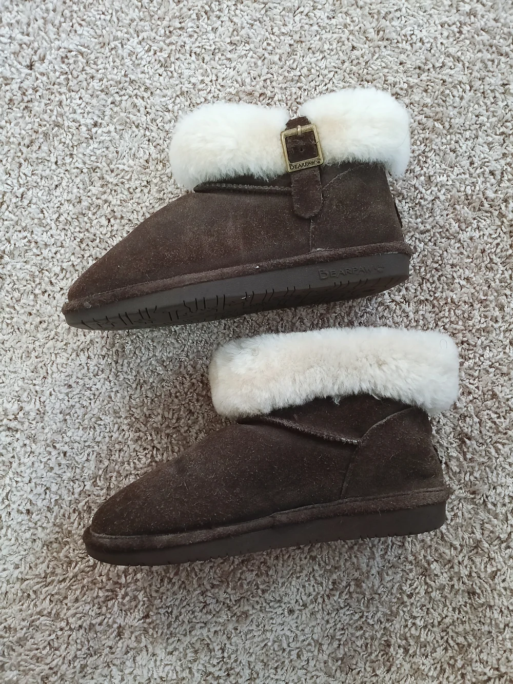 BearPaw Brown Suede Ankle‎ Booties with Cream Faux-Fur Cuff
